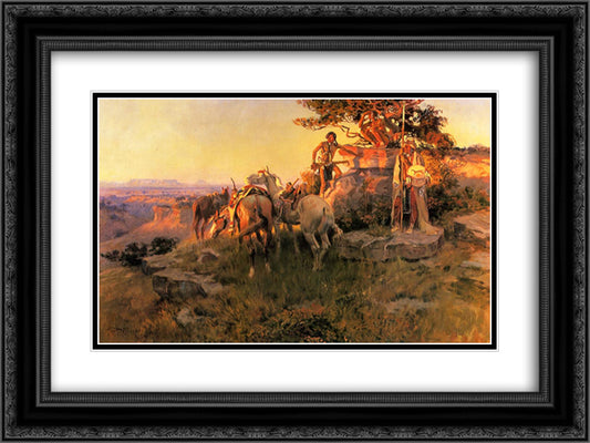 Watching for Wagons 24x18 Black Ornate Wood Framed Art Print Poster with Double Matting by Russell, Charles M.