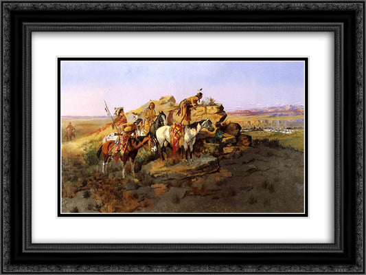 Watching the Settlers 24x18 Black Ornate Wood Framed Art Print Poster with Double Matting by Russell, Charles M.