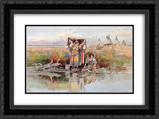 Water Girl 24x18 Black Ornate Wood Framed Art Print Poster with Double Matting by Russell, Charles M.