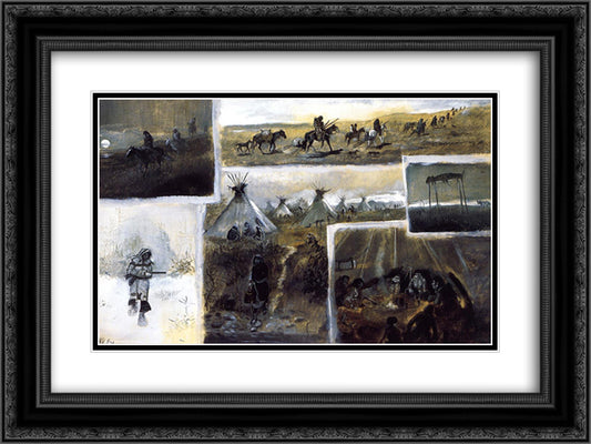 Western Montage 24x18 Black Ornate Wood Framed Art Print Poster with Double Matting by Russell, Charles M.