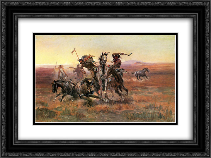 When Blackfeet and Sioux Meet 24x18 Black Ornate Wood Framed Art Print Poster with Double Matting by Russell, Charles M.
