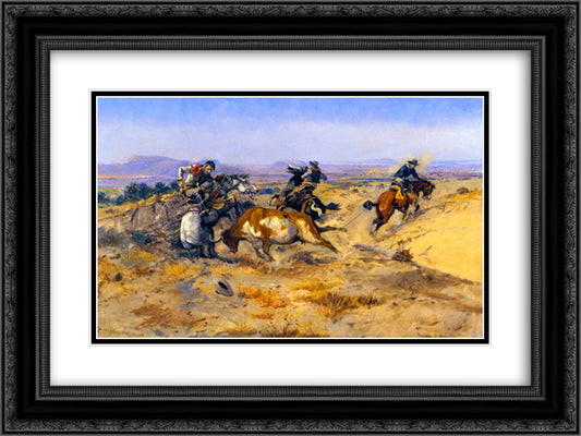 When Cowboys Get in Trouble 24x18 Black Ornate Wood Framed Art Print Poster with Double Matting by Russell, Charles M.