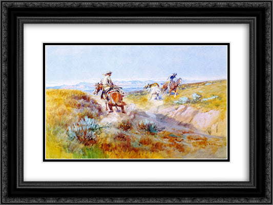 When Cows were Wild 24x18 Black Ornate Wood Framed Art Print Poster with Double Matting by Russell, Charles M.