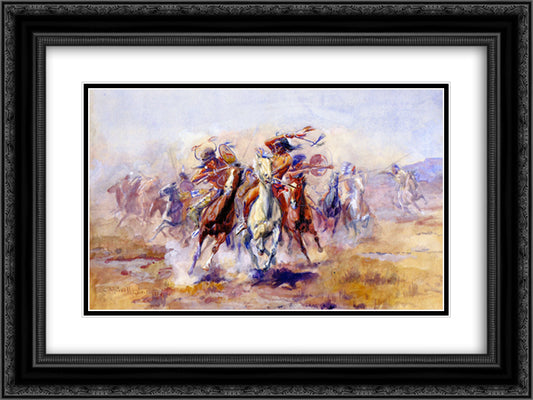 When Sioux and Blackfeet Meet 24x18 Black Ornate Wood Framed Art Print Poster with Double Matting by Russell, Charles M.