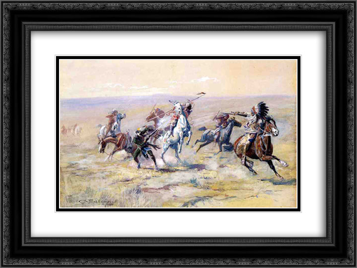 When Sioux and Blackfoot Meet 24x18 Black Ornate Wood Framed Art Print Poster with Double Matting by Russell, Charles M.
