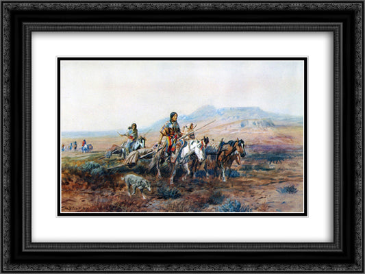 When the Trail Was Long Between Camps 24x18 Black Ornate Wood Framed Art Print Poster with Double Matting by Russell, Charles M.