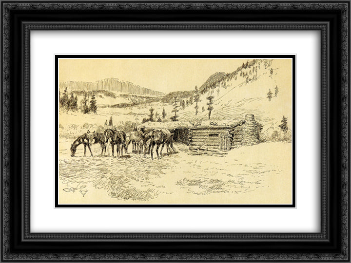 Where I Learned the Diamond Hitch - The Old Hoover Ranch on the South Fork of the Judith 24x18 Black Ornate Wood Framed Art Print Poster with Double Matting by Russell, Charles M.