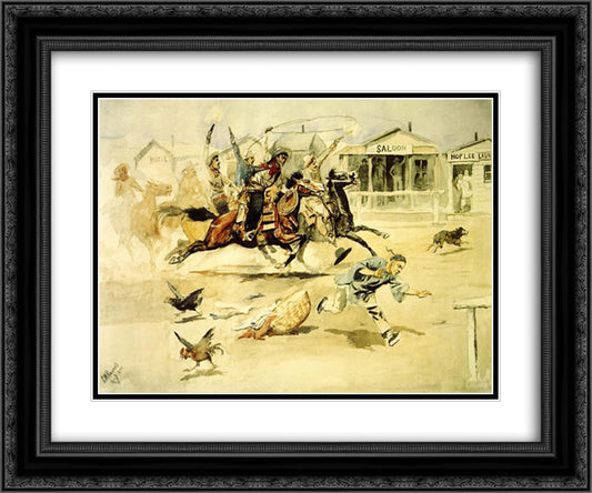 Whooping It Up 24x20 Black Ornate Wood Framed Art Print Poster with Double Matting by Russell, Charles M.
