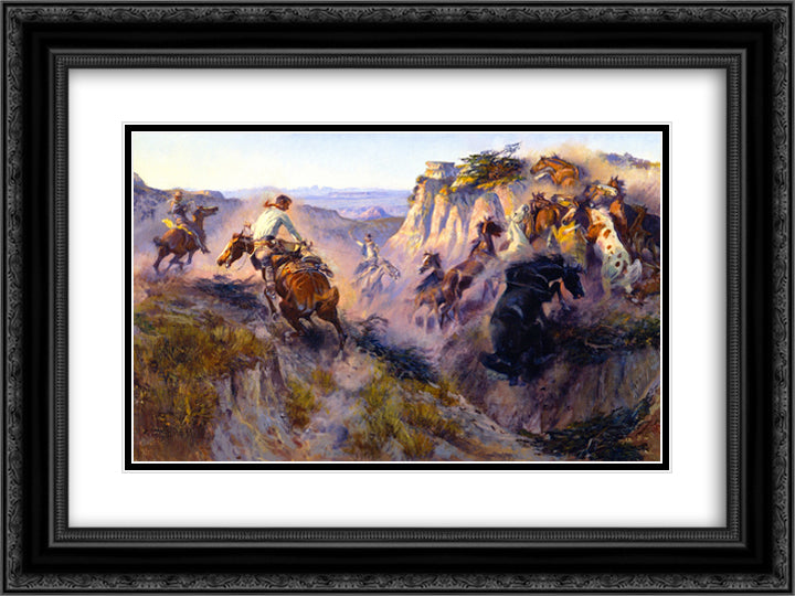 Wild Horse Hunters [No. 2] 24x18 Black Ornate Wood Framed Art Print Poster with Double Matting by Russell, Charles M.