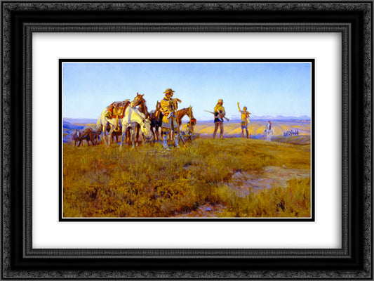 Wild Man's Truce 24x18 Black Ornate Wood Framed Art Print Poster with Double Matting by Russell, Charles M.