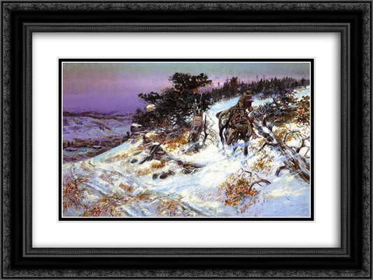 Wolf and Beaver 24x18 Black Ornate Wood Framed Art Print Poster with Double Matting by Russell, Charles M.