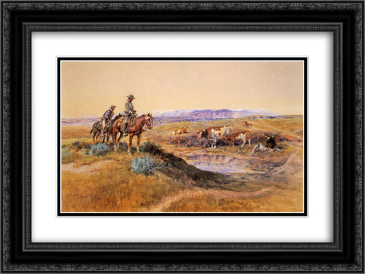 Worked Over 24x18 Black Ornate Wood Framed Art Print Poster with Double Matting by Russell, Charles M.