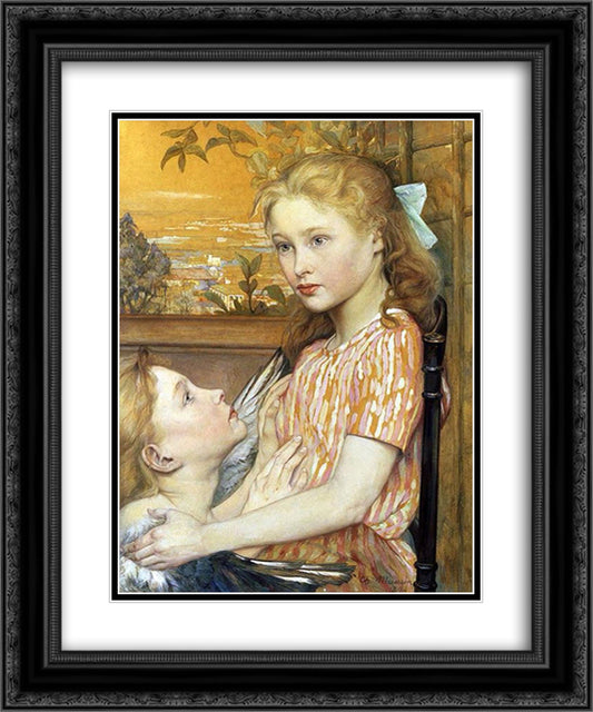 A Girl With Her Guardian Angel 20x24 Black Ornate Wood Framed Art Print Poster with Double Matting by Maurin, Charles