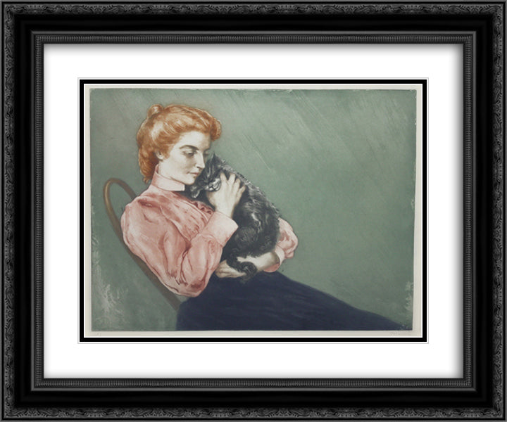 Jeune Femme Au Chat 24x20 Black Ornate Wood Framed Art Print Poster with Double Matting by Maurin, Charles