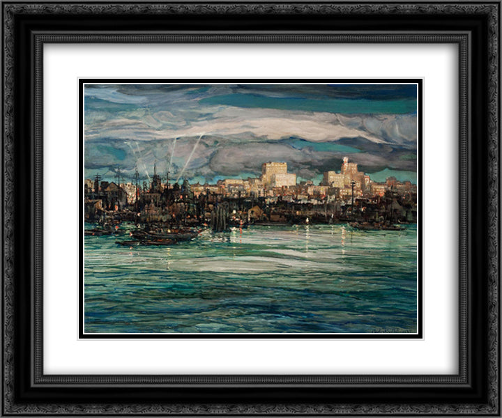 Harbor Night 24x20 Black Ornate Wood Framed Art Print Poster with Double Matting by Reiffel, Charles