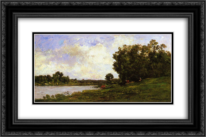 Cattle on the Bank of the River 24x16 Black Ornate Wood Framed Art Print Poster with Double Matting by Daubigny, Charles Francois