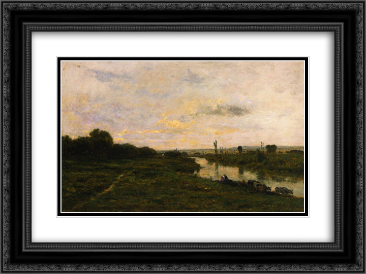 Cows on the Banks of the Seine, at Conflans 24x18 Black Ornate Wood Framed Art Print Poster with Double Matting by Daubigny, Charles Francois