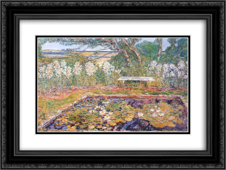 A long island garden 24x18 Black Ornate Wood Framed Art Print Poster with Double Matting by Hassam, Childe