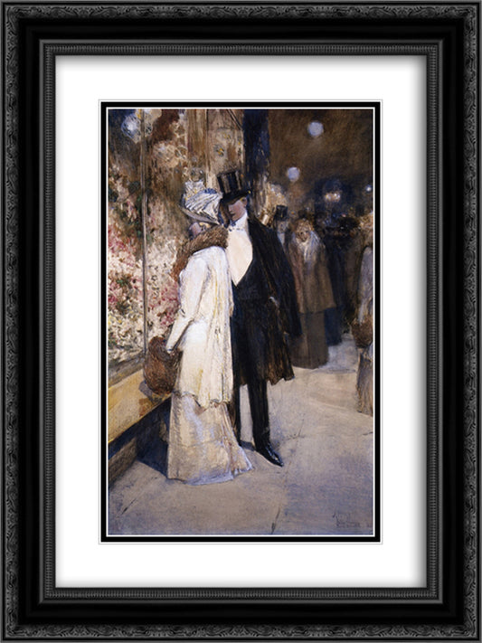 A New Year's Nocturne, New York 18x24 Black Ornate Wood Framed Art Print Poster with Double Matting by Hassam, Childe