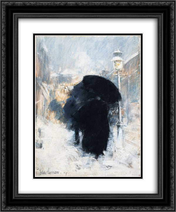 A New York Blizzard 20x24 Black Ornate Wood Framed Art Print Poster with Double Matting by Hassam, Childe