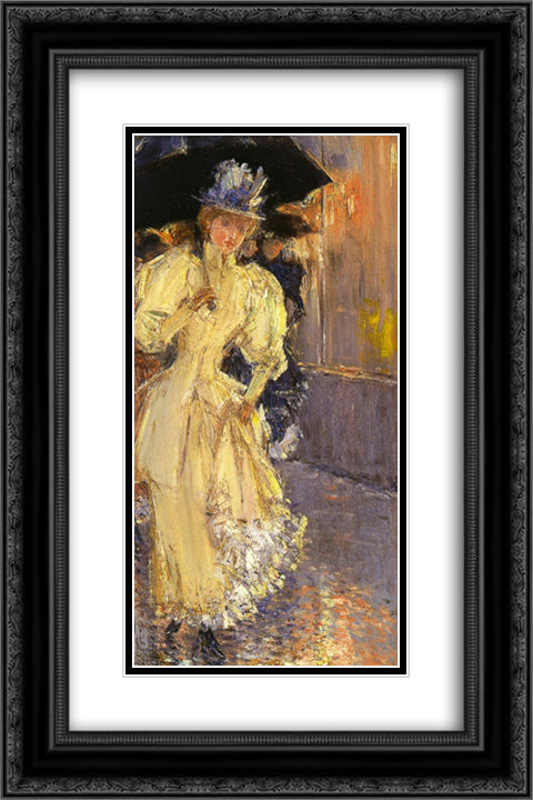 A Rainy Day, New York 16x24 Black Ornate Wood Framed Art Print Poster with Double Matting by Hassam, Childe