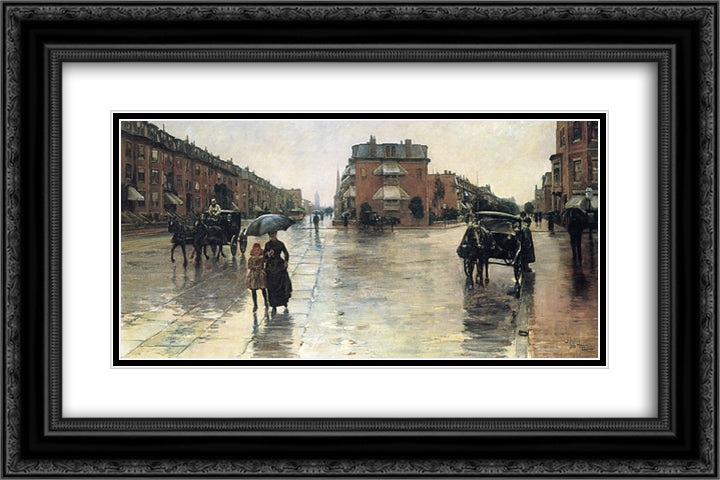 A Rainy Day in Boston 24x16 Black Ornate Wood Framed Art Print Poster with Double Matting by Hassam, Childe