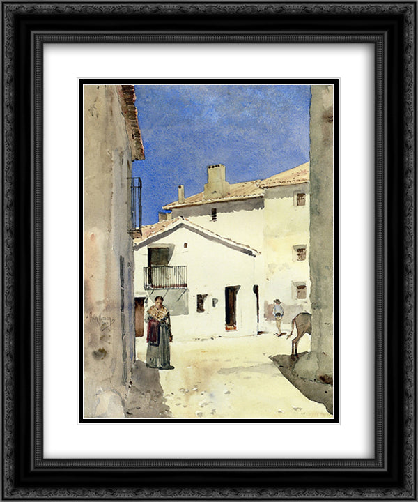 A Street in Denia, Spain 20x24 Black Ornate Wood Framed Art Print Poster with Double Matting by Hassam, Childe