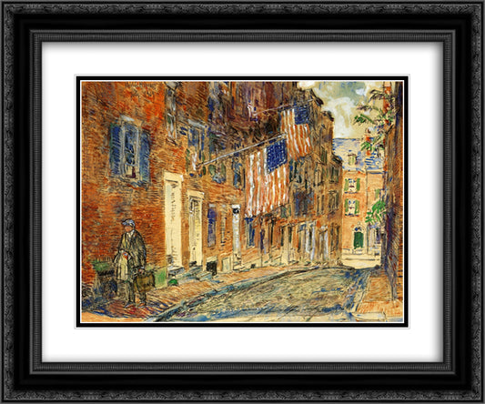 Acorn Street, Boston 24x20 Black Ornate Wood Framed Art Print Poster with Double Matting by Hassam, Childe