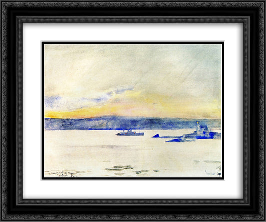 Afterglow, Gloucester Harbor (aka Ten Pound Island LIght) 24x20 Black Ornate Wood Framed Art Print Poster with Double Matting by Hassam, Childe