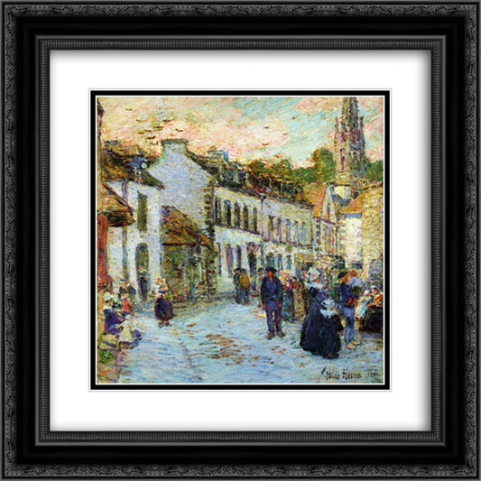 An Evening Street Scene, Pont Aven 20x20 Black Ornate Wood Framed Art Print Poster with Double Matting by Hassam, Childe