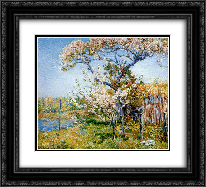 Apple Trees in Bloom, Old Lyme 22x20 Black Ornate Wood Framed Art Print Poster with Double Matting by Hassam, Childe