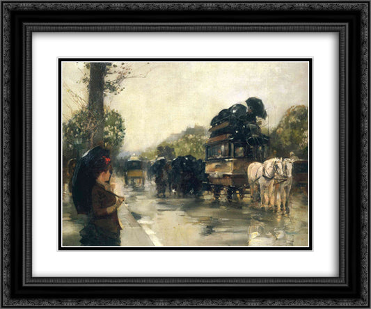 April Showers, Champs Elysees Paris 24x20 Black Ornate Wood Framed Art Print Poster with Double Matting by Hassam, Childe