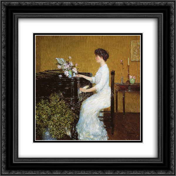 At the Piano 20x20 Black Ornate Wood Framed Art Print Poster with Double Matting by Hassam, Childe