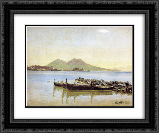 The Bay of Naples with Vesuvius in the Background 24x20 Black Ornate Wood Framed Art Print Poster with Double Matting by Kobke, Christen