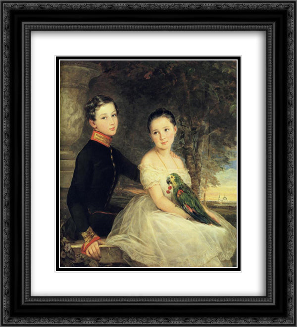Children with Parrot 20x22 Black Ornate Wood Framed Art Print Poster with Double Matting by Robertson, Christina