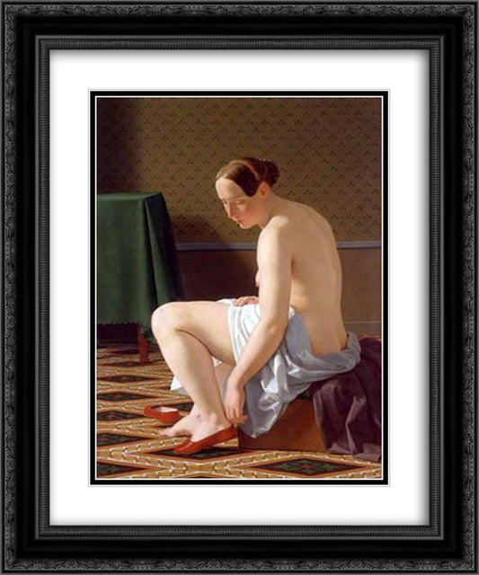 Nude Woman Putting On Her Slippers 20x24 Black Ornate Wood Framed Art Print Poster with Double Matting by Eckersberg, Christoffer Wilhelm