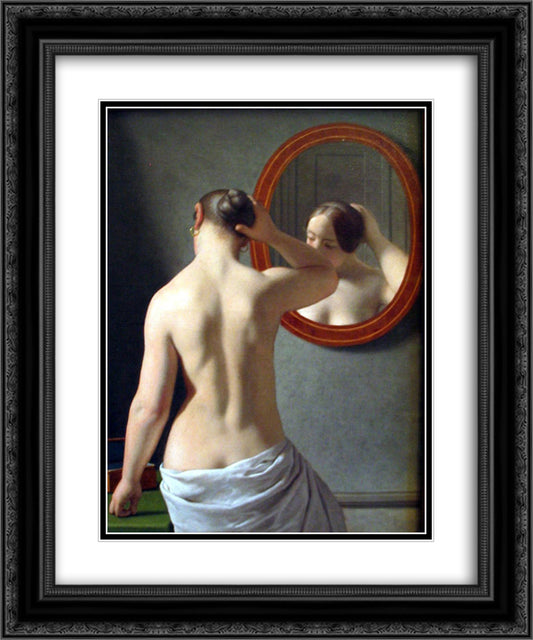 Woman Standing in Front of a Mirror 20x24 Black Ornate Wood Framed Art Print Poster with Double Matting by Eckersberg, Christoffer Wilhelm