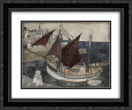 Boat in Harbour, Brittany 24x20 Black Ornate Wood Framed Art Print Poster with Double Matting by Wood, Christopher