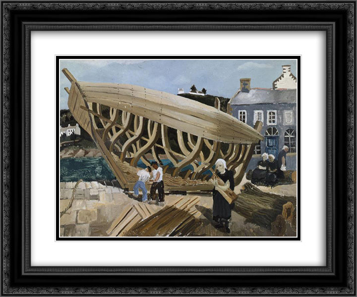 Building the Boat, Treboul 24x20 Black Ornate Wood Framed Art Print Poster with Double Matting by Wood, Christopher