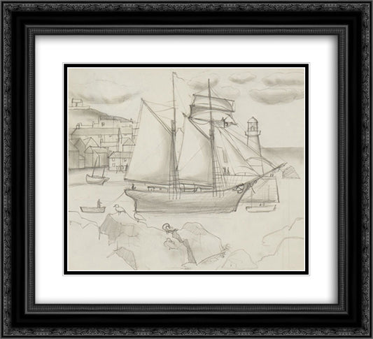 Ship in Harbour 22x20 Black Ornate Wood Framed Art Print Poster with Double Matting by Wood, Christopher