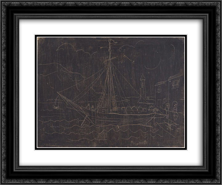 Ship in Harbour 24x20 Black Ornate Wood Framed Art Print Poster with Double Matting by Wood, Christopher