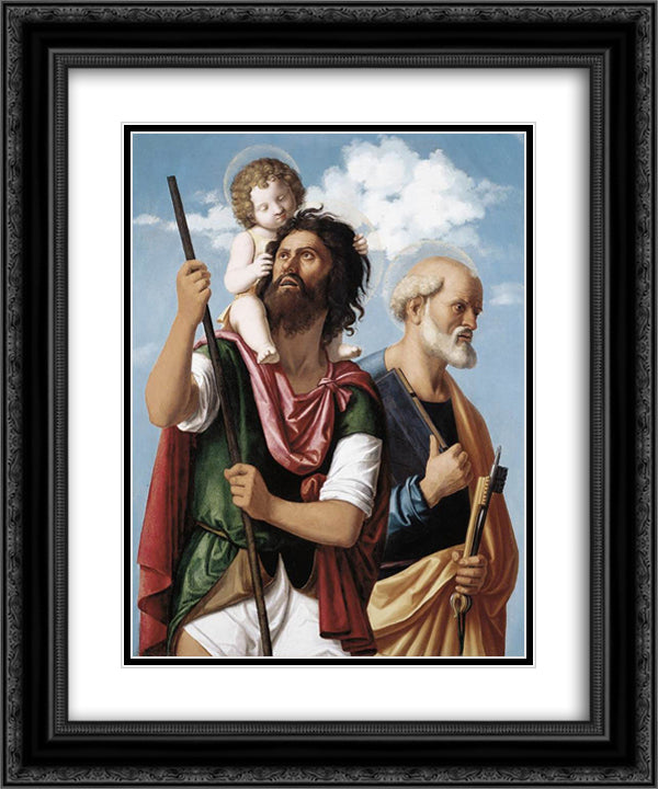 St. Christopher with the Infant Christ and St. Peter 20x24 Black Ornate Wood Framed Art Print Poster with Double Matting by Cima da Conegliano