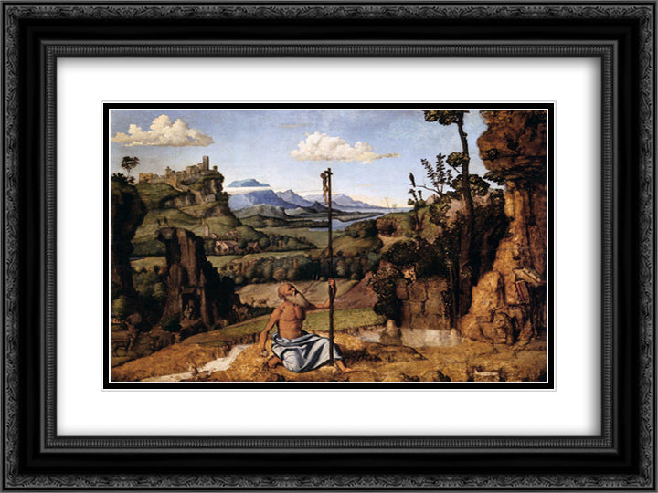 St. Jerome in the Wilderness 24x18 Black Ornate Wood Framed Art Print Poster with Double Matting by Cima da Conegliano