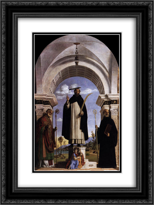 St. Peter Martyr with St. Nicholas of Bari, St. Benedict and an Angel Musician 18x24 Black Ornate Wood Framed Art Print Poster with Double Matting by Cima da Conegliano