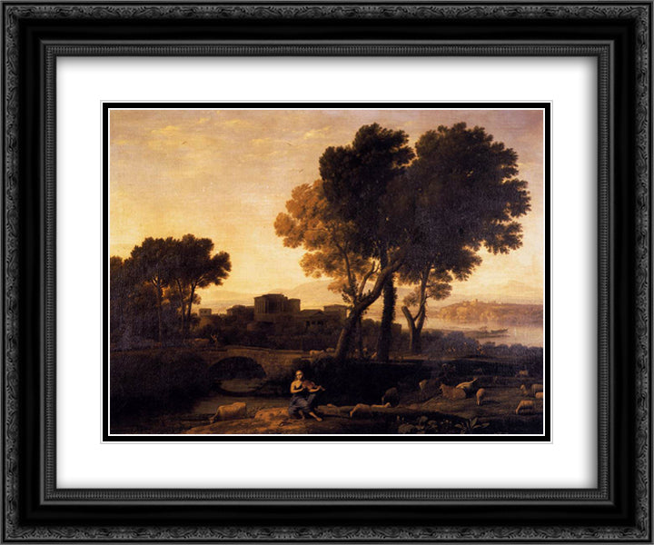 Apollo Guarding the Herds of Admetus 24x20 Black Ornate Wood Framed Art Print Poster with Double Matting by Lorrain, Claude