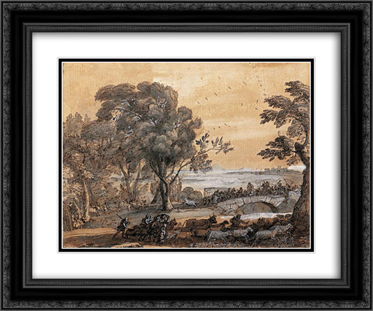 Coast scene with a battle on a bridge 24x20 Black Ornate Wood Framed Art Print Poster with Double Matting by Lorrain, Claude