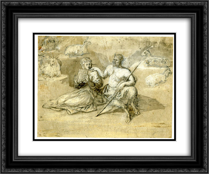 Drawing of a satyr, a girl and goats 24x20 Black Ornate Wood Framed Art Print Poster with Double Matting by Lorrain, Claude