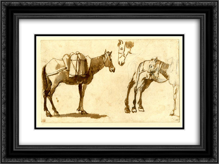 Drawing of mules, including one full length 24x18 Black Ornate Wood Framed Art Print Poster with Double Matting by Lorrain, Claude