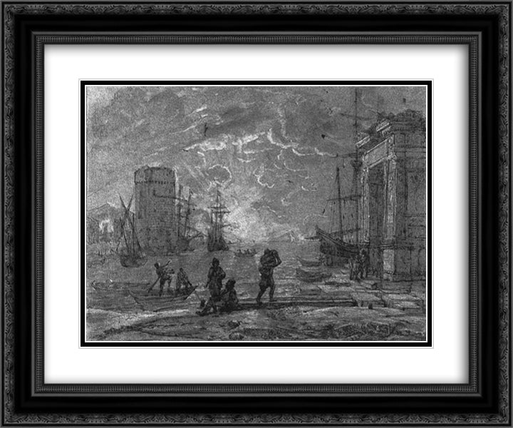 Harbour Scene 24x20 Black Ornate Wood Framed Art Print Poster with Double Matting by Lorrain, Claude