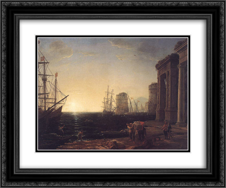 Harbour Scene at Sunset 24x20 Black Ornate Wood Framed Art Print Poster with Double Matting by Lorrain, Claude